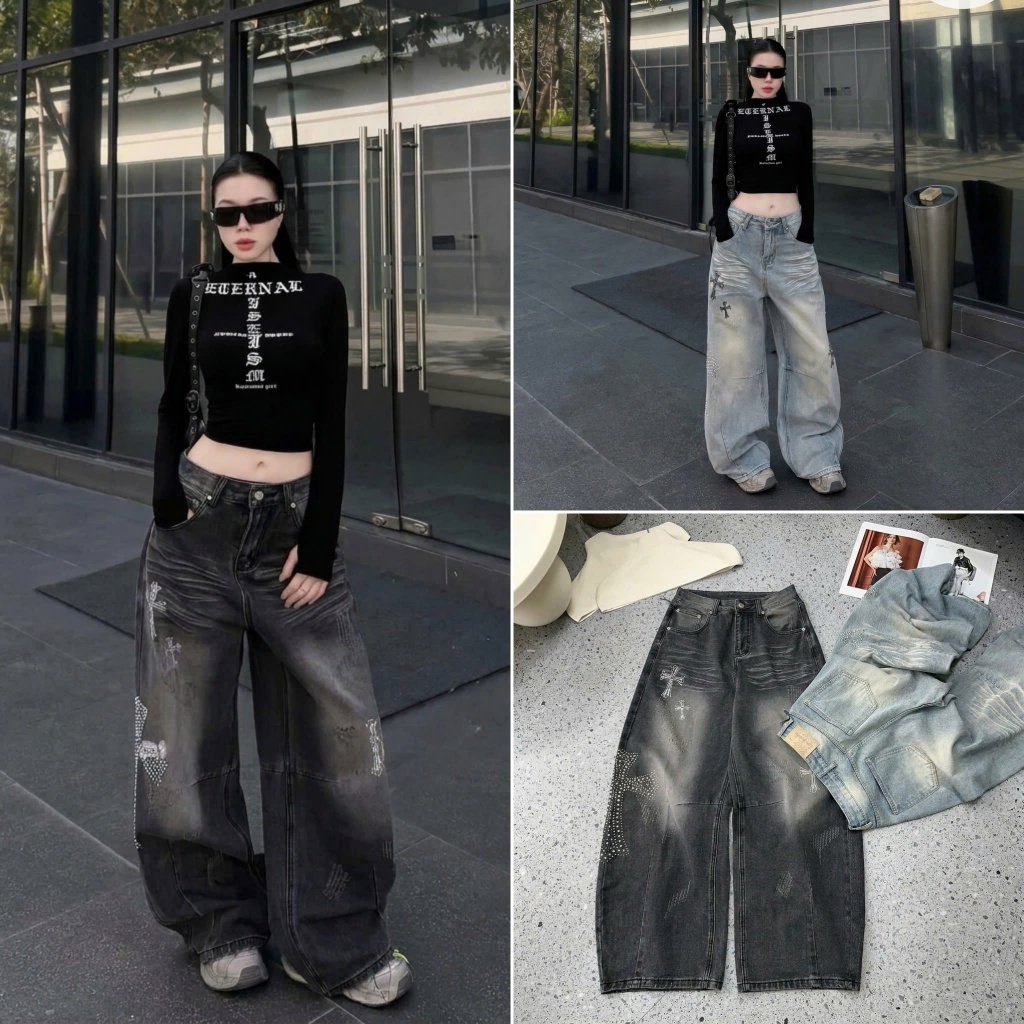 Quần dài jean denim bò suông bom đính đá chữ thập 8523 Mía QCCC QCL1 QD0021 #8523