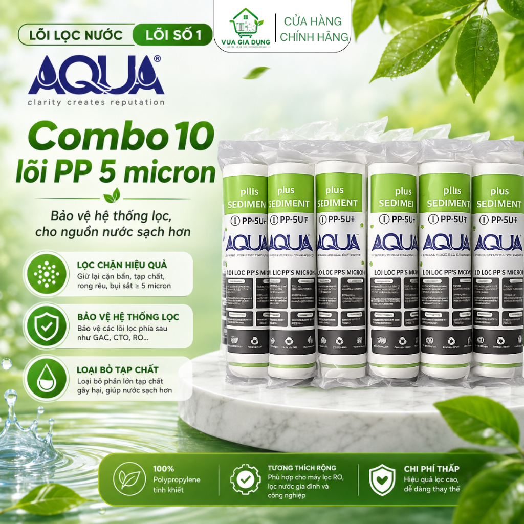 Combo 10 Lõi Lọc Nước AQUA Số 1 PP 10 Inch 5 Micron, Lõi Lọc Thô Thay Thế Máy Lọc Nước RO