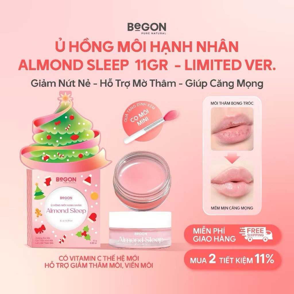 Size lớn 11g | Ủ Hồng Môi Hạnh Nhân BeGON Almond Sleep -Son Dưỡng Hỗ Trợ Giảm Thâm, Dưỡng Ẩm & Làm H