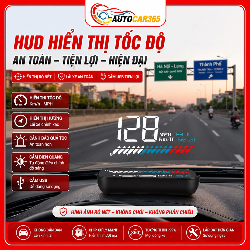 HUD M7 - Hiển Thị Tốc Độ Và Thông Tin Trên Kính Lái, Kết Nối OBD GPS, M7 Tốc Độ Cao AUTO CAR 365