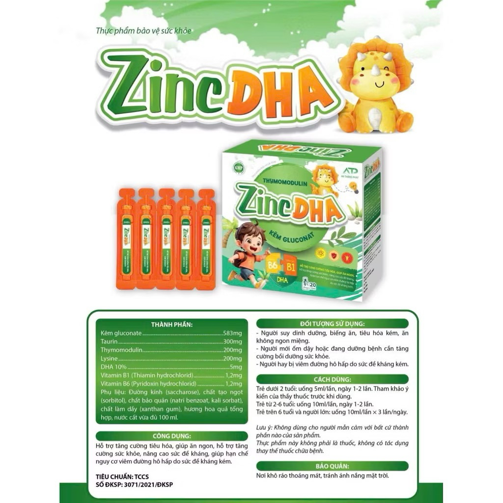 Siro kẽm ống cho trẻ Thymo Zinc DHA Kẽm + Thymomodulin - hỗ trợ Tăng cường sức đề kháng Hộp 20 ống