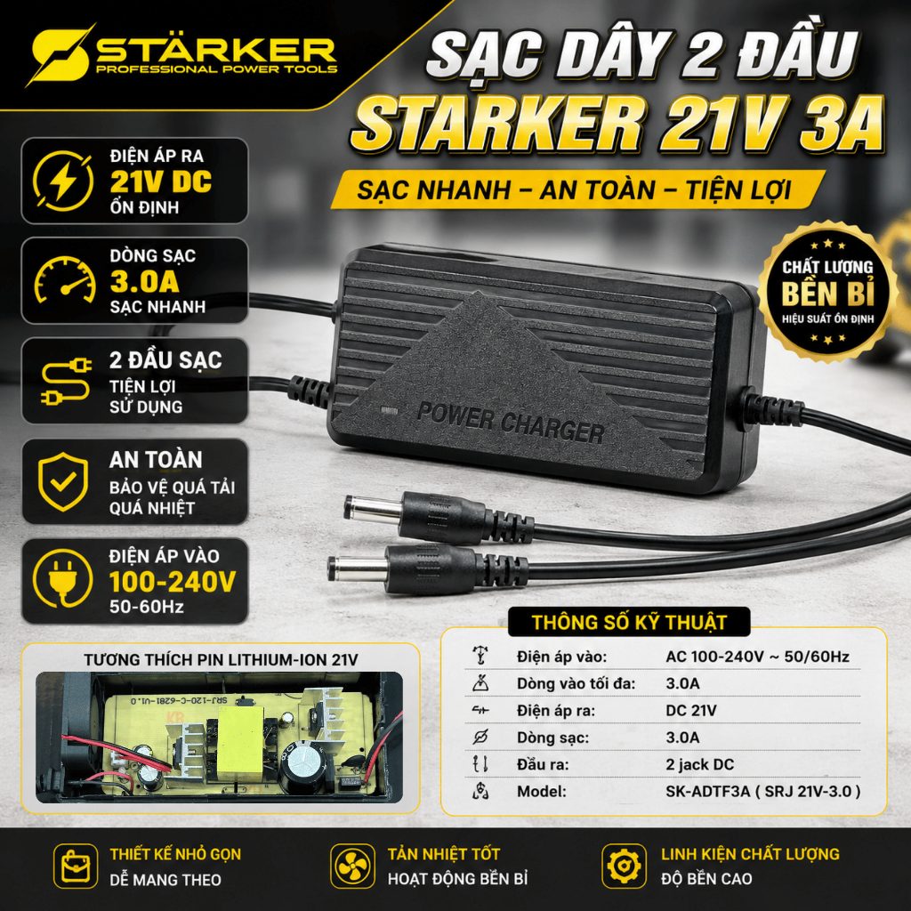 Sạc Dây 2 Đầu STARKER 21V 3A – Bộ Sạc Pin Lithium-ion 21V, 2 Cổng Sạc DC, Sạc Nhanh Cho Pin Máy Khoa
