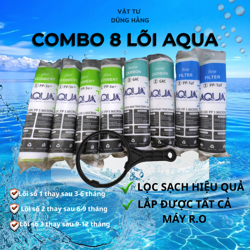 Combo 8 lõi lọc nước 123 Aqua + Tặng tay mở