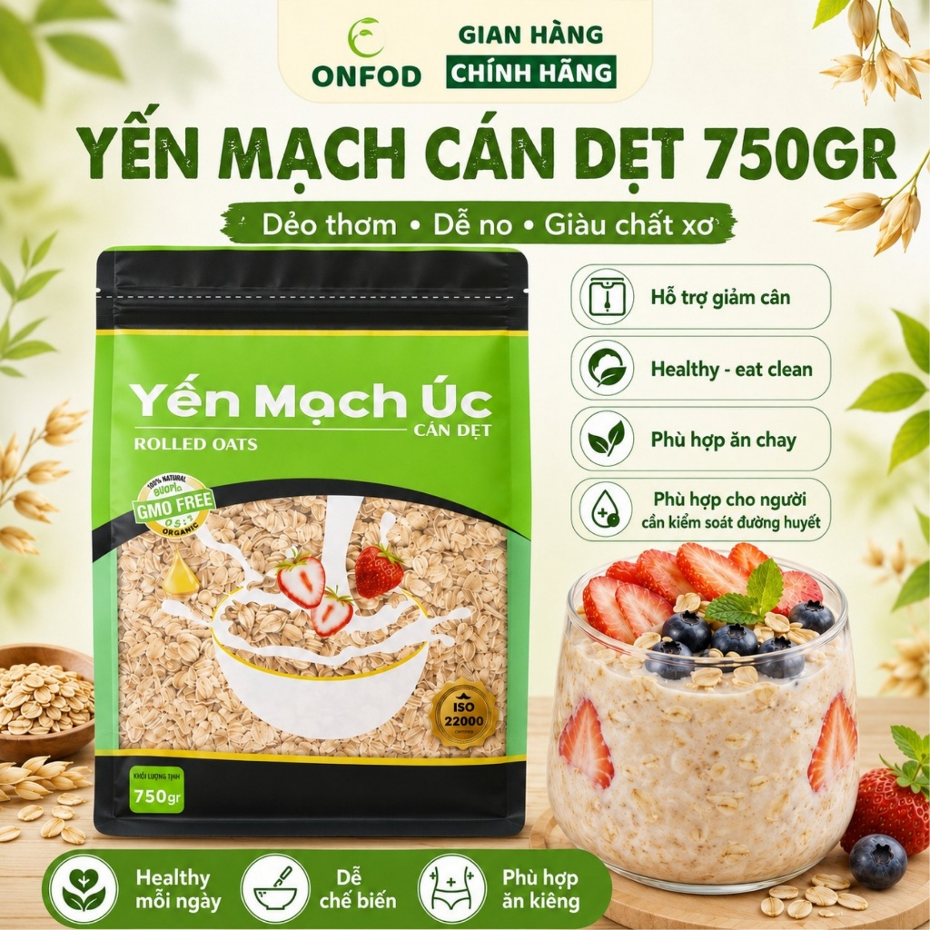 Yến Mạch Cán Dẹt ONFOD Nguyên Chất – Giàu Chất Xơ, Tiện Lợi, Dễ Nấu, Phù Hợp Ăn Kiêng Eat Clean Tập 