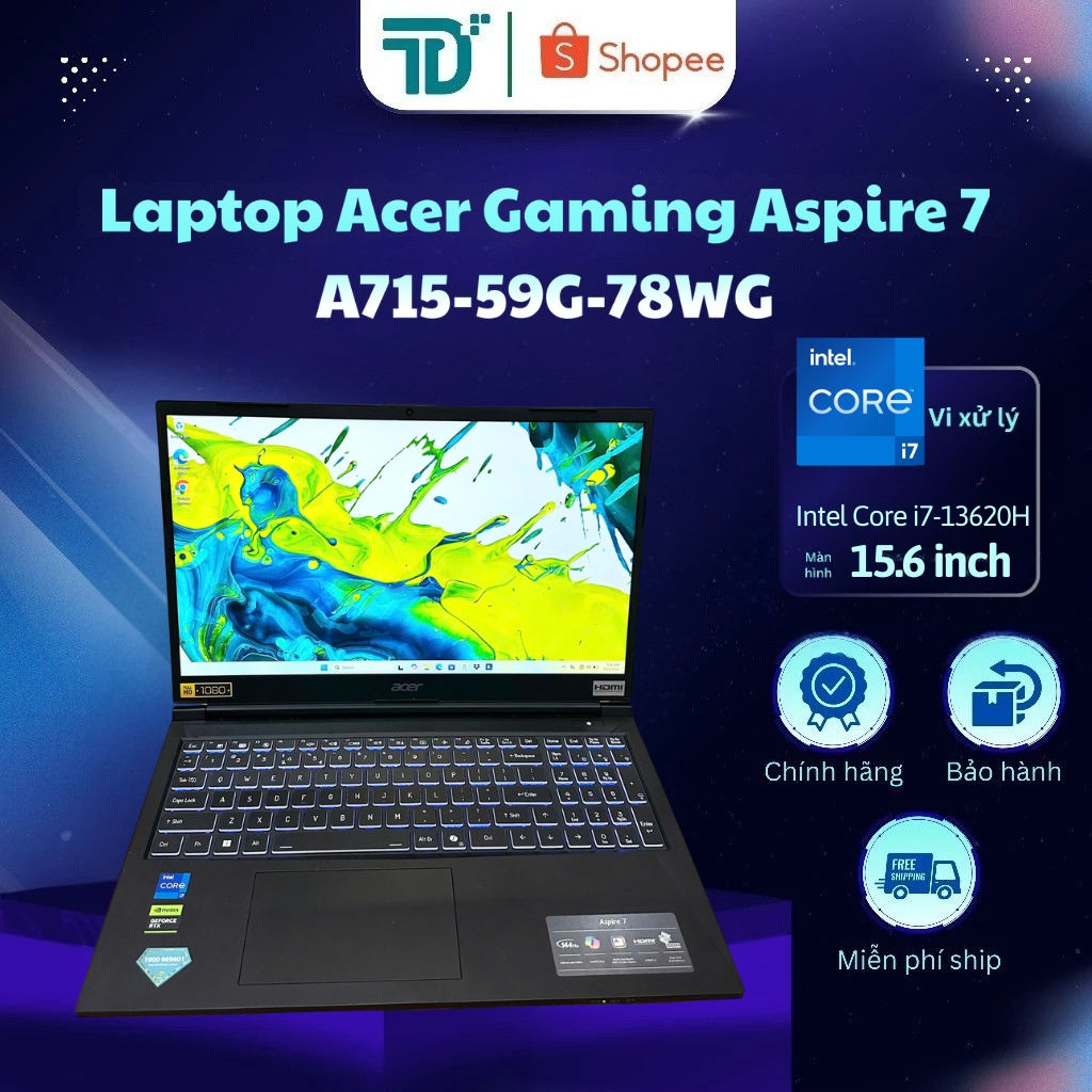 Laptop Acer Gaming Aspire 7 A715-59G-78WG i7-13620H/16GB/512GB/RTX3050 6GB/Win11 Đen - Laptop 99%