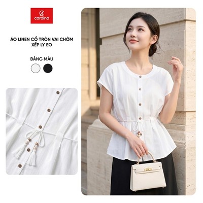 Áo kiểu nữ CARDINA chất liệu đũi cổ tròn vai chờm xếp ly eo 6AKC23