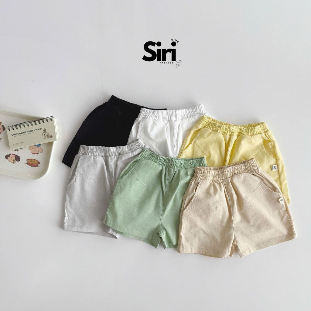 Quần sooc đùi linen kaki mềm bé trai bé gái unisex có túi màu đen trắng be BERNIE x SIRI 7-28kg