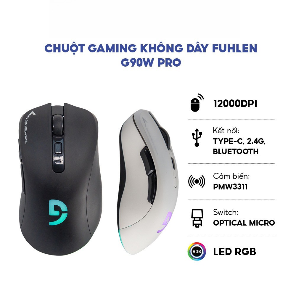 Chuột Gaming Không Dây Fuhlen G90W Pro (12000 DPI/Kết Nối 3 Mode/LED RGB) - BH 24 Tháng HACOM PC