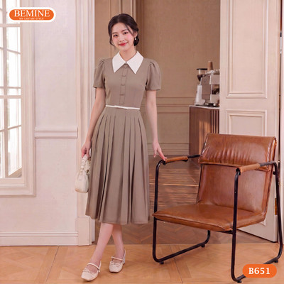 Đầm thiết kế BEMINE cổ sơ mi phối cúc dáng chữ A phù hợp đi làm-B651