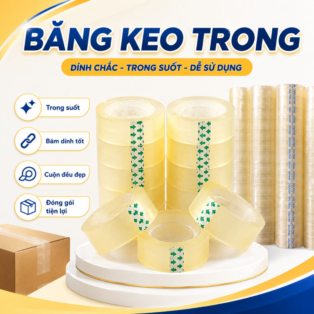 Combo 10 Cuộn Băng keo trong văn phòng loại nhỏ, 1 cây 10 cuộn rộng 1.8cm, 10yard-18yard-25yard