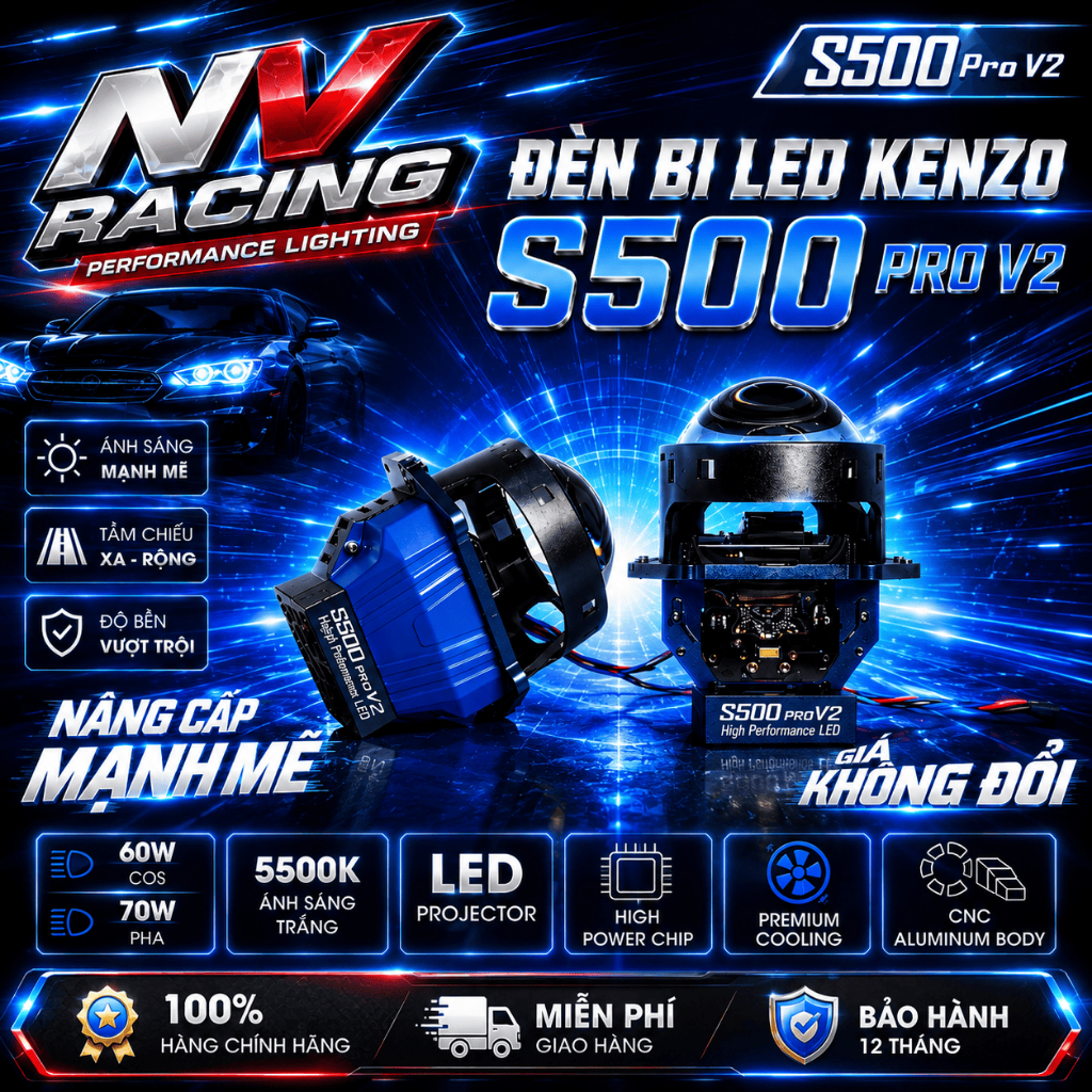 S500 Pro V2, Đèn Bi Cầu Kenzo S500 Pro Ver 2 65W Dễ Lắp Đặt Đáp Ứng Mọi Nhu Cầu Tăng Sáng - BH 2 Năm