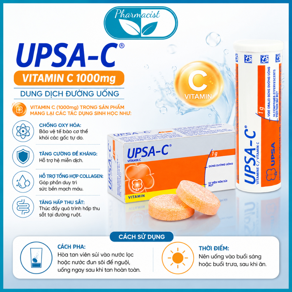 Viên Sủi Bổ Sung Vitamin C Upsa C - Giúp Chống Oxy Hóa, Tăng Sức Đề Kháng Và Miễn Dịch