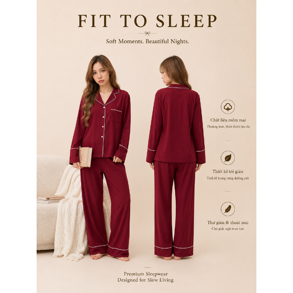 [ Fit To Sleep ] Set Đồ Ngủ Pijamas Dài Tay - PURE Pijamas Form Oversize Rộng Rãi Mềm Mại - Màu Đỏ Đ