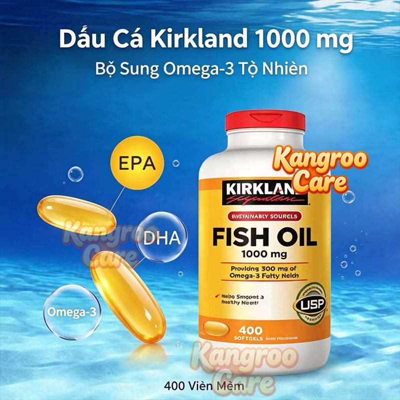 【Nhập khẩu từ Mỹ】Viên uống dầu cá bổ sung Kirkland Signature Fish Oil 1000mg 400V - Thị lực & Não bộ