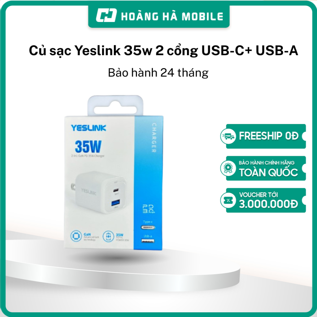 Củ sạc Yeslink 35w 2 cổng USB-C+ USB-A P1335B Bảo hành 24 tháng