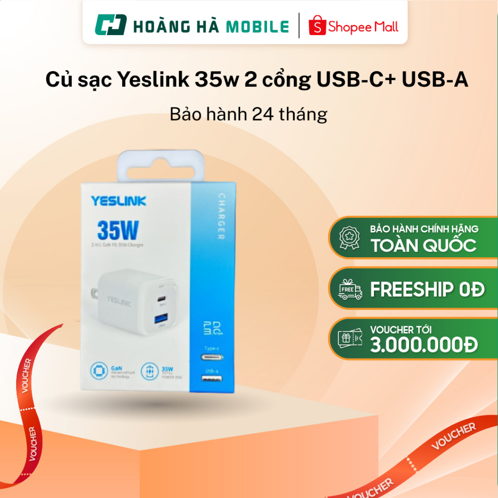 Củ sạc Yeslink 35w 2 cổng USB-C+ USB-A P1335B - Chính hãng