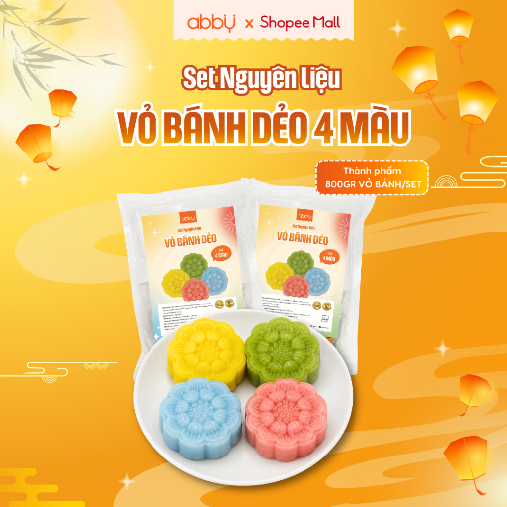 [ABBY] Set nguyên liệu làm vỏ bánh dẻo trung thu mix 4 màu - Thành phẩm 800g vỏ bánh dẻo thơm, ngọt 
