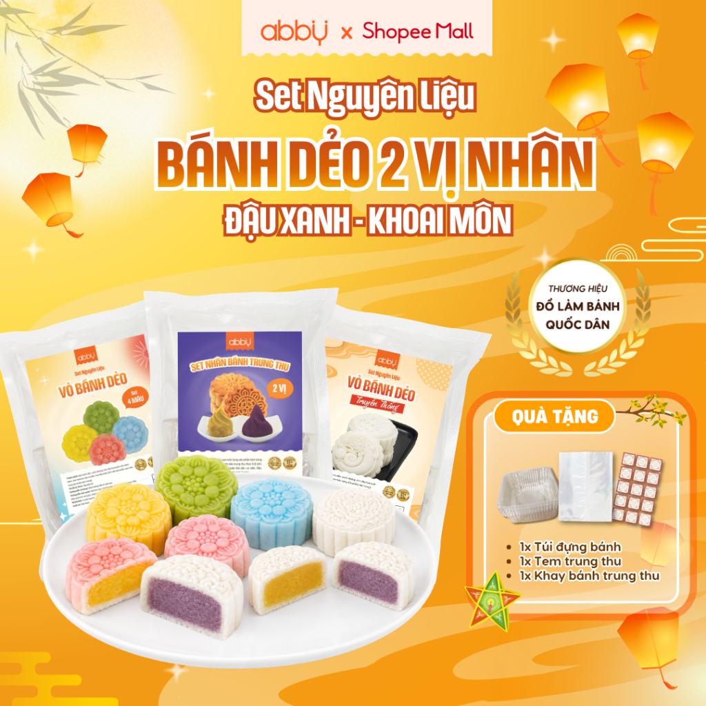 [ABBY] Set nguyên liệu làm bánh dẻo trung thu vỏ truyền thống, vỏ 4 màu, 2 vị nhân - Thành phẩm 8 bá