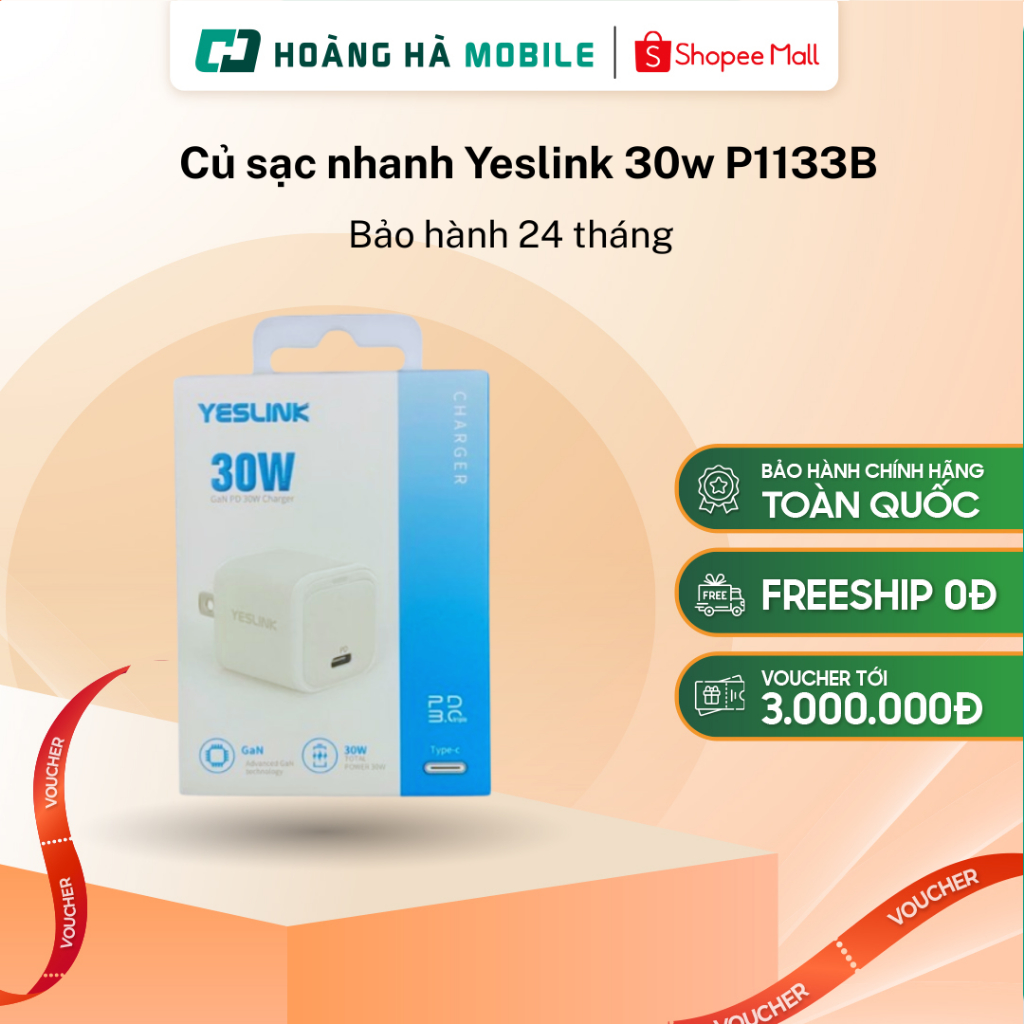 Củ sạc nhanh Yeslink 30w P1133B Bảo hành 24 tháng