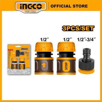 Bộ 3 đầu nối nhanh ống nước máy xịt rửa xe INGCO HHCS03122 nối với dây ống mềm 16mm,18mm đầu ren vòi nước phi 21mm, 27mm