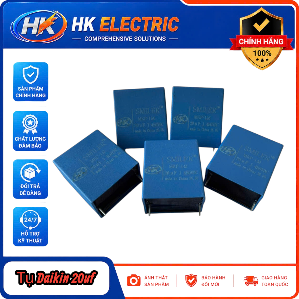 Tụ 20uf450VDC, Tụ Daikin 20uf màu xanh, Hàng chất lượng, Mới 100%