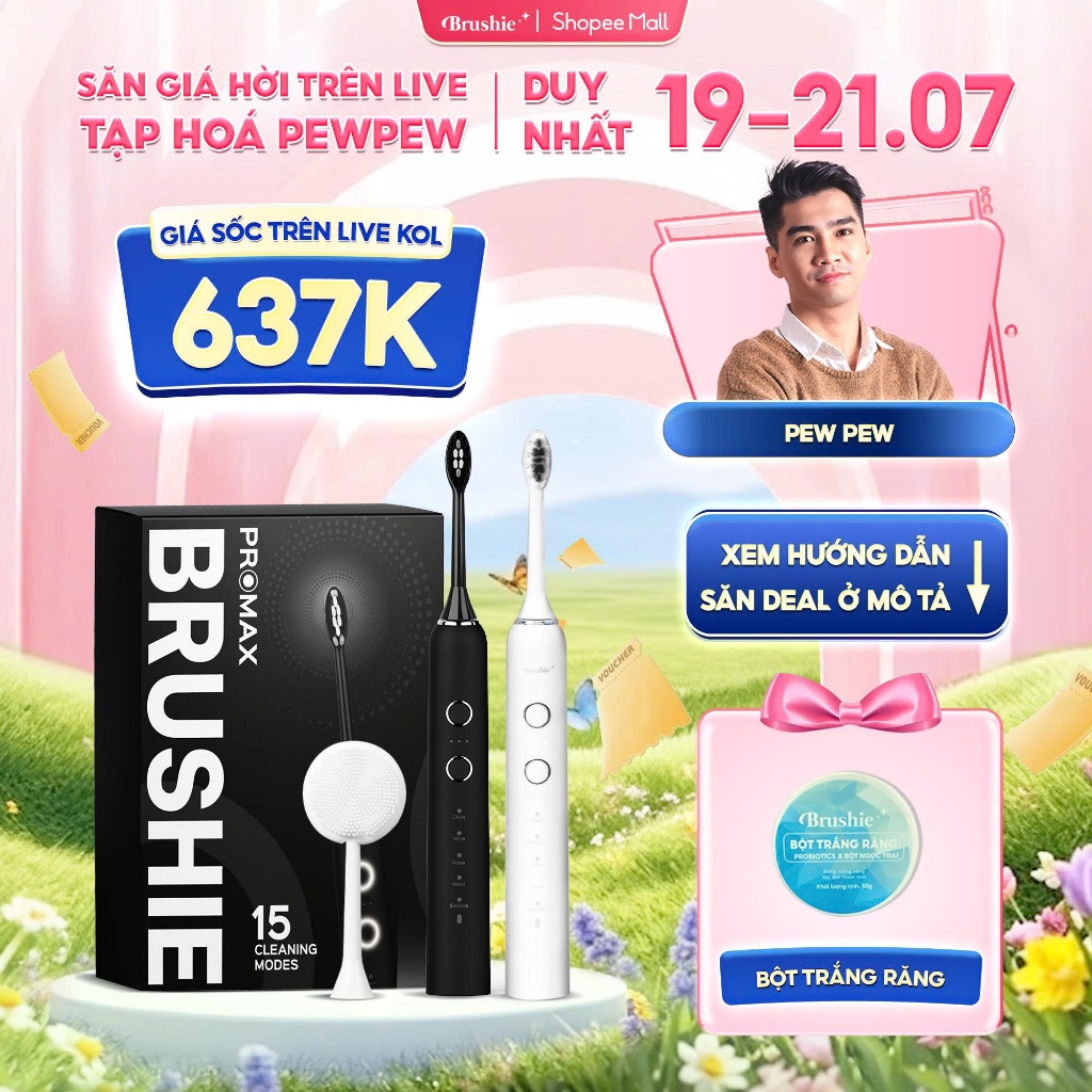 Bàn chải điện Brushie Promax 15 chế độ làm sạch sâu cho răng nhạy cảm, êm dịu KOC