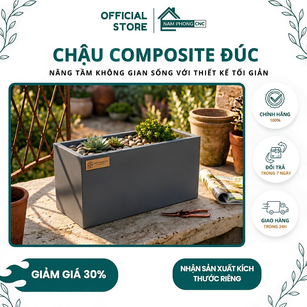 Chậu Composite Đúc Nguyên Khối  100x40x40, 80x30x30, Nhận Làm Theo Kích Thước Yêu Cầu SIMINI HOME DE