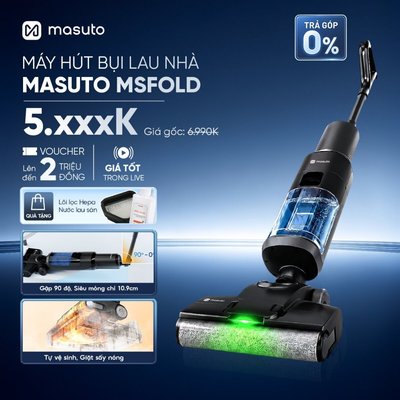 [Tặng Nước Lau Nhà] Máy Hút Bụi Lau Sàn Không Dây Khô Ướt Cầm Tay Masuto MSFold, Lực Hút 15.000Pa Tự Vệ Sinh, Sấy Khô