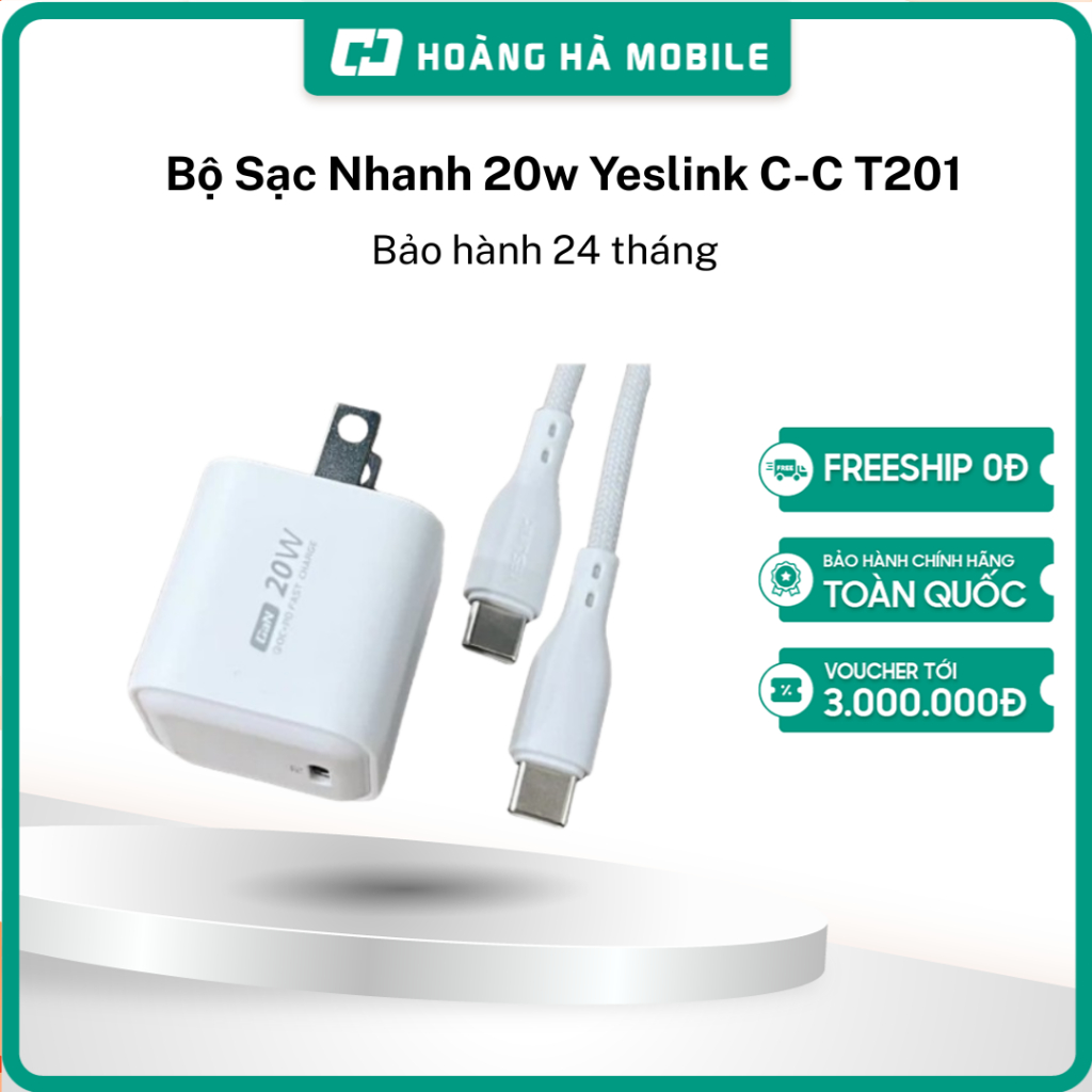Bộ Sạc Nhanh 20w Yeslink C-C T201 /Bộ Sạc Nhanh 20w Yeslink C-Lightning T202 Bảo hành 24 tháng