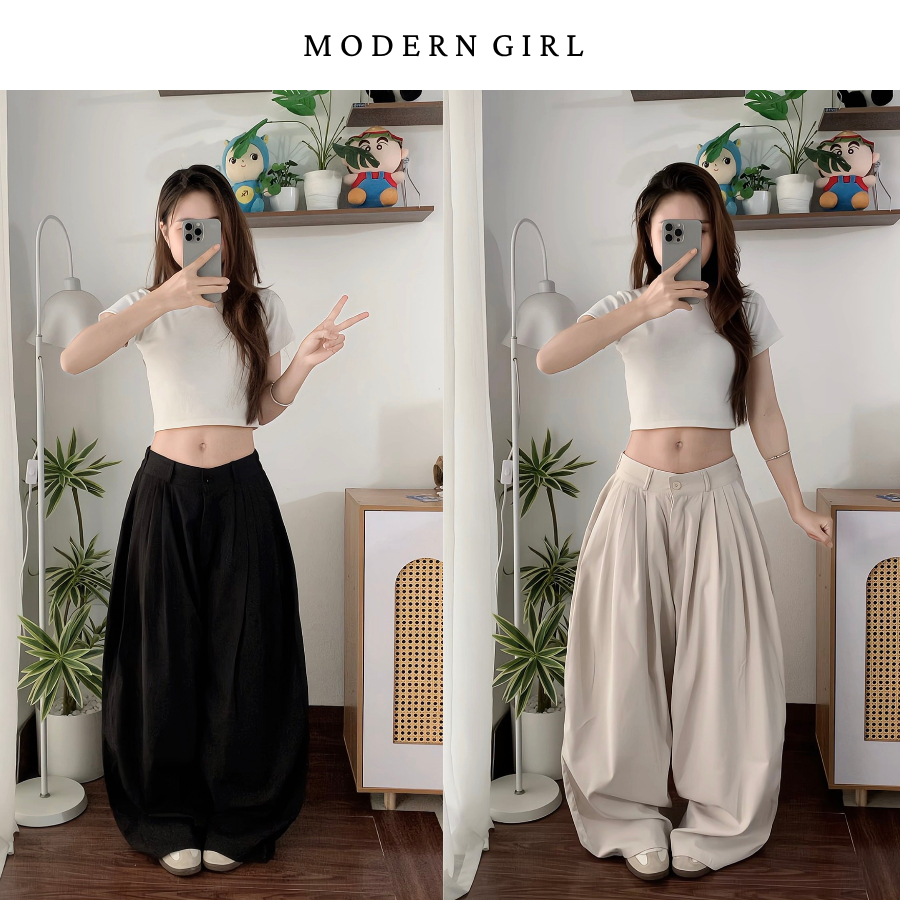 Quần Kaki Xếp Ly Hack Eo Chất Kaki Ống Rộng, Quần Ống Cong 2 Màu Đen Kem Modern Girls
