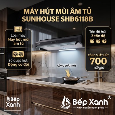 New 2026 - Máy Hút Mùi Sunhouse SHB6118B Kính Đen - Hút Siêu Khỏe, Chạy Siêu Êm, Khử Mùi Bếp Chung Cư