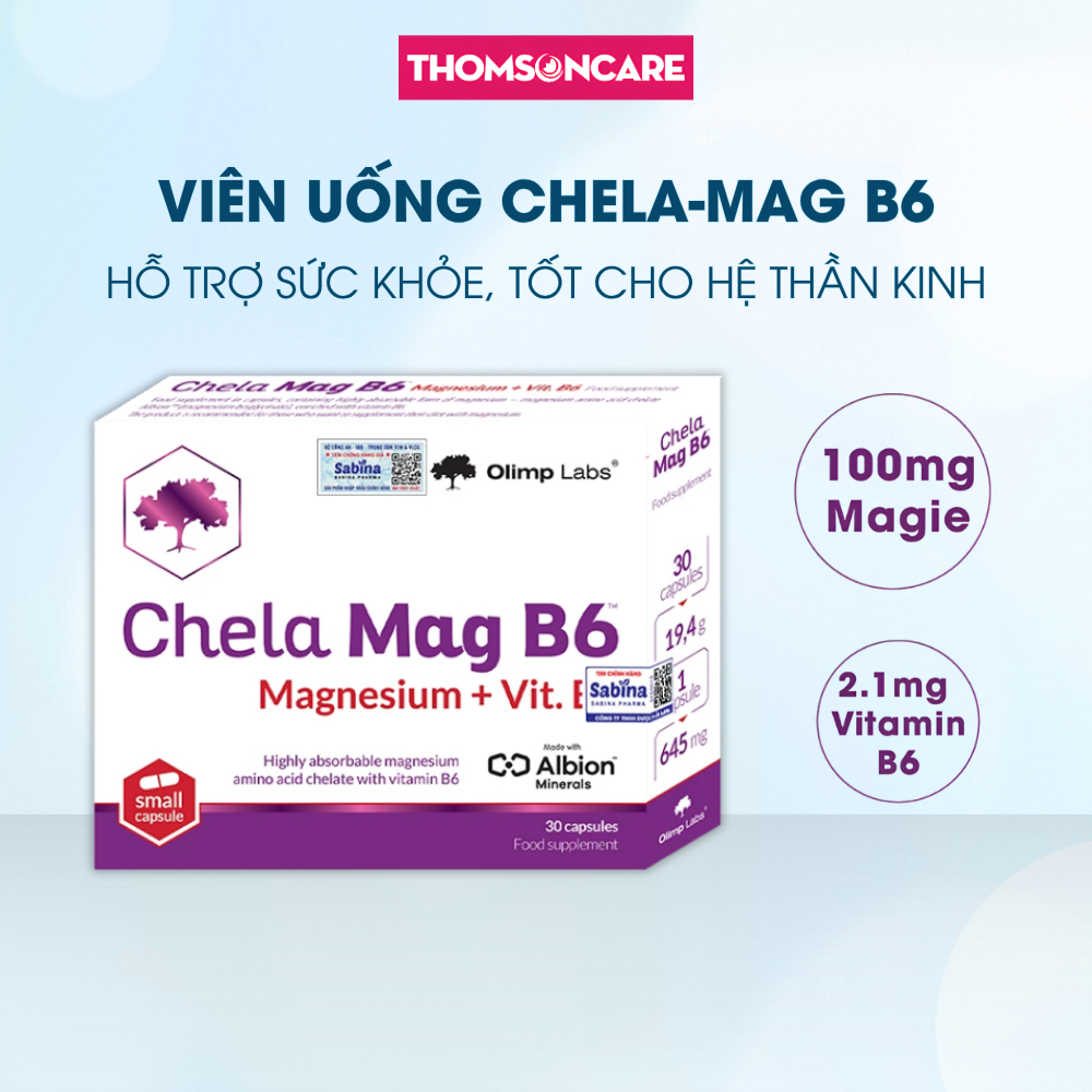 Magie B6 Chela từ magie glycinate giảm run tay chân, tê bì, chuột rút Hộp 30 viên magnesium glycinat