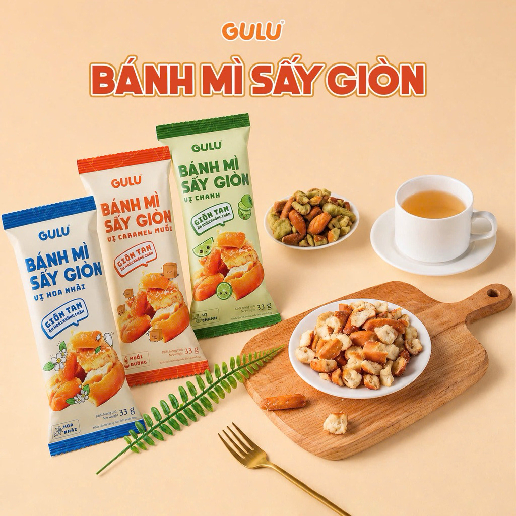 Bánh mì sấy giòn Gulu Foods gói 33gr vị Hoa nhài - Caramen muối - Chanh