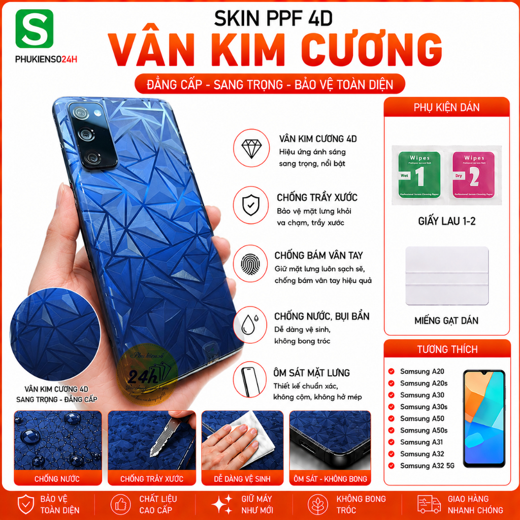 Miếng dán skin PPF 4D Vân Kim Cương Mặt Lưng cho Samsung A51 / A51 5G A52 / A52 5G / A52s 5G A53 5G 