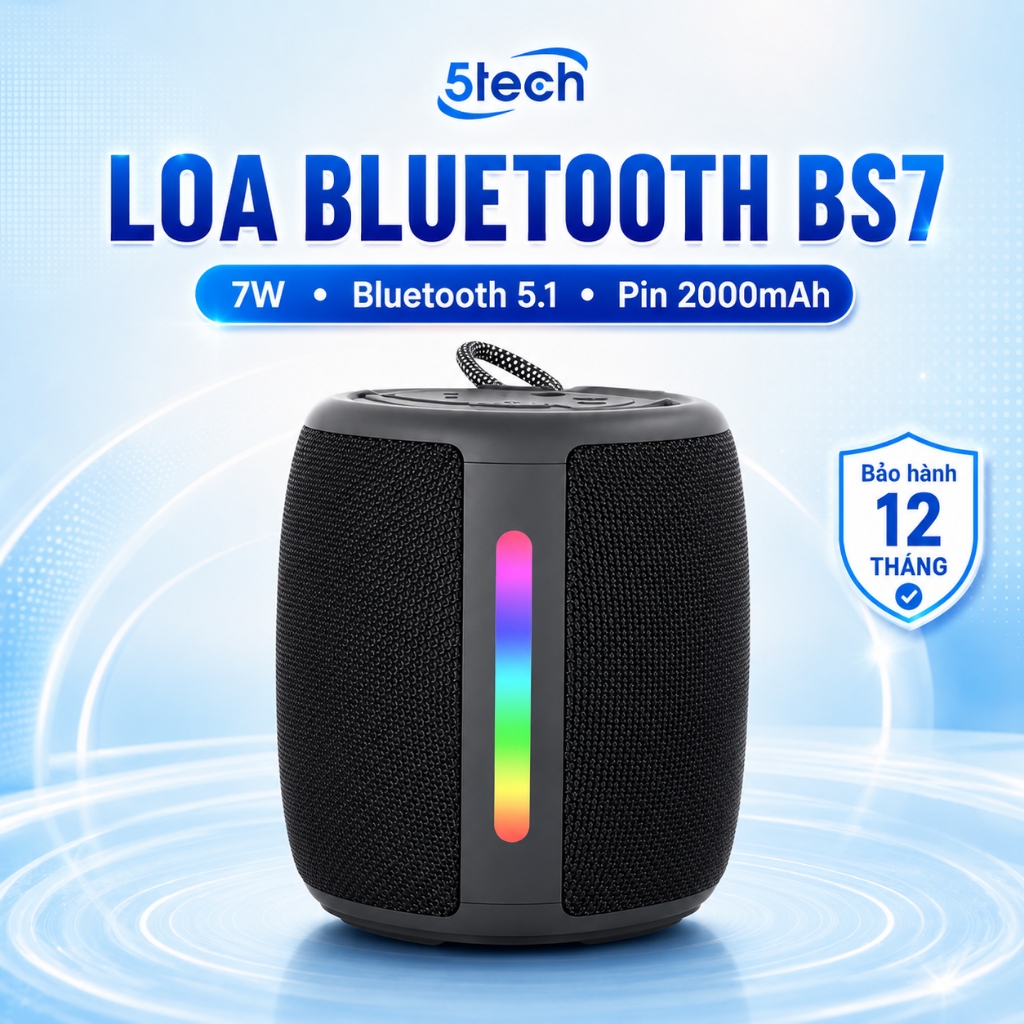 Loa bluetooth mini 5TECH BS7 chính hãng, công suất 7W, bass chắc, LED RGB, pin 2000mAh, cầm tay di đ