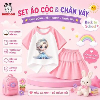 BOBDOG Set váy bé gái mặc mùa hè, bộ đồ cotton thoáng khí , áo phông kèm chân váy in hình elsa cho bé PV1