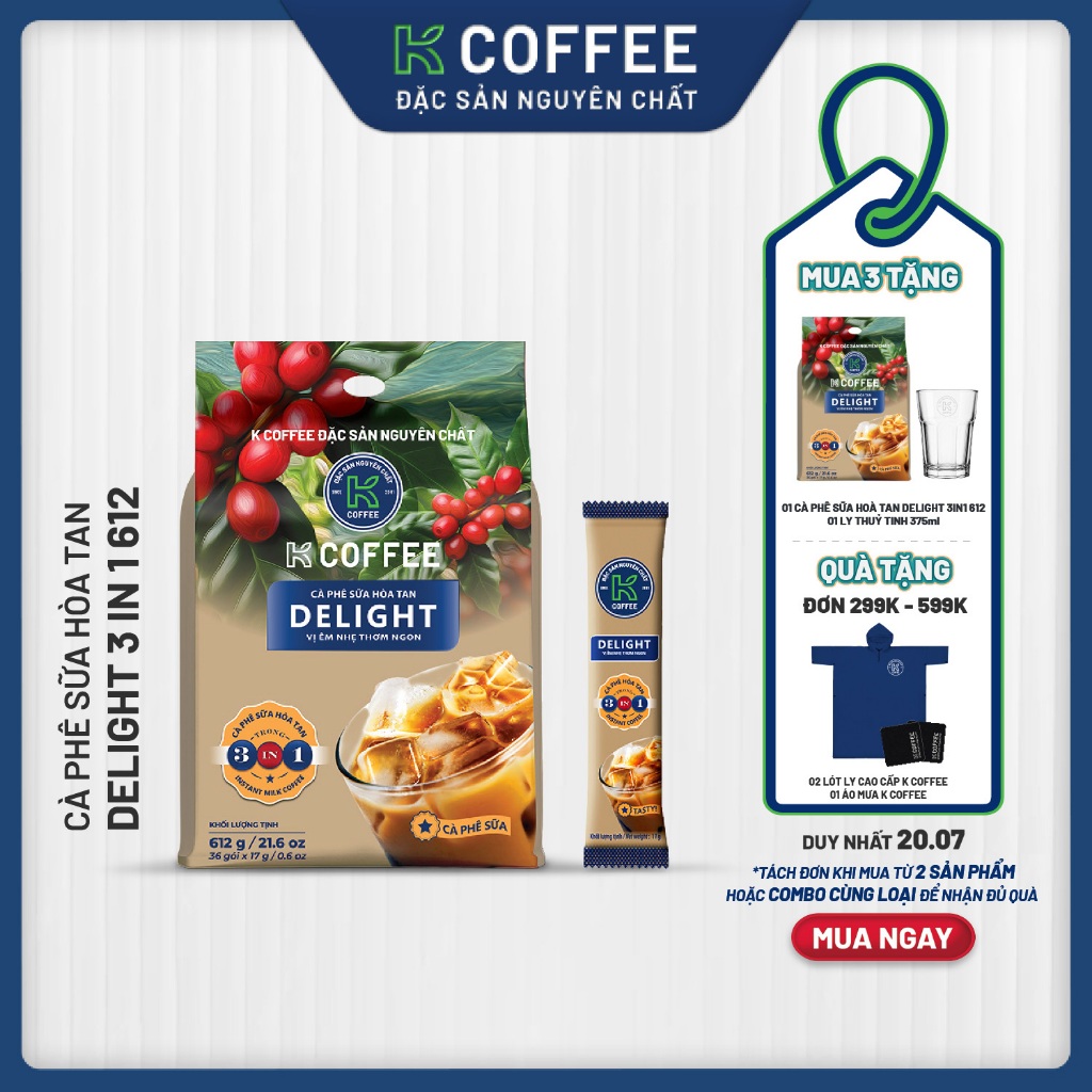 Cà phê sữa hòa tan K Coffee Delight 3in1 612g Túi 36 gói [Combo 3]