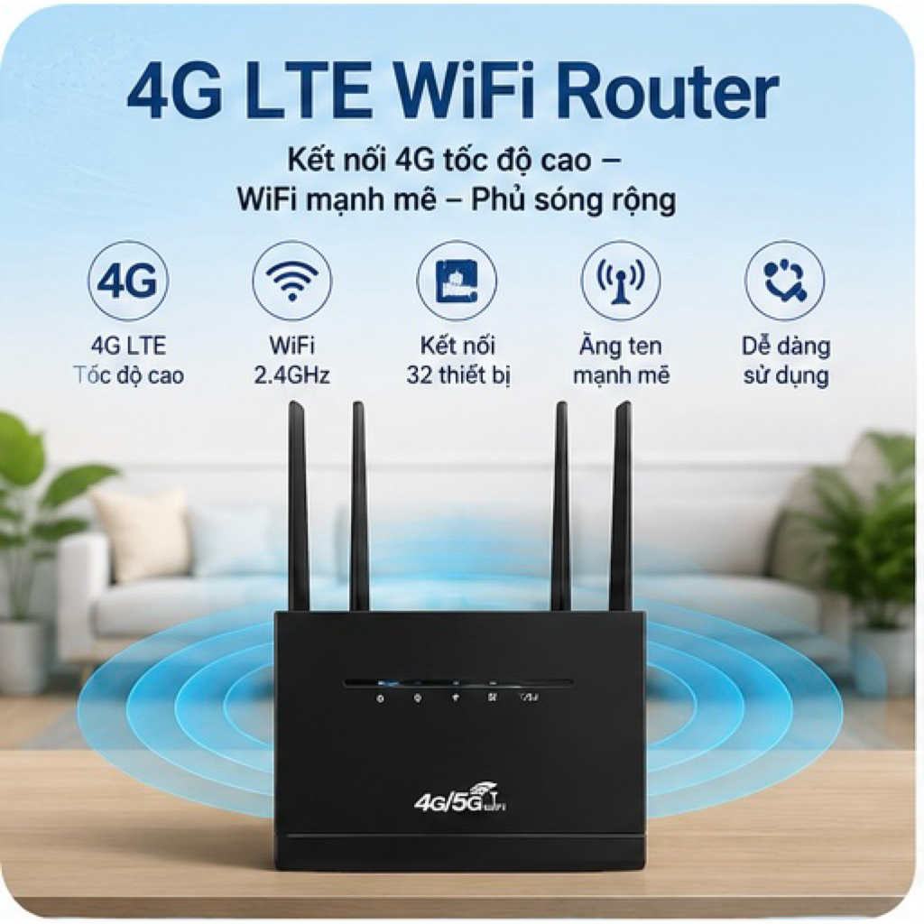 Bộ phát Wifi 4G/5G LTE Modem 4 Ăng-ten ngoài RJ45 WAN LAN có khe cắm thẻ Sim