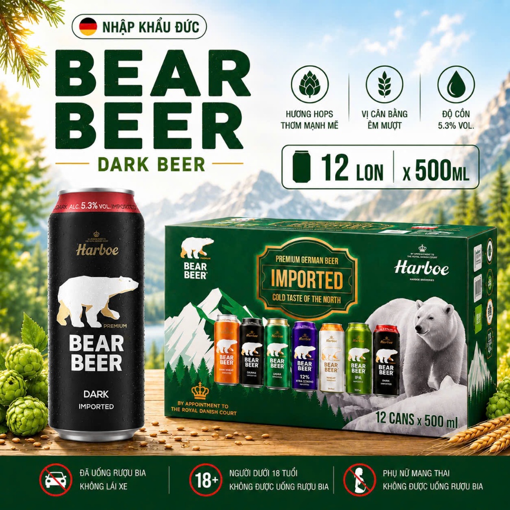 [HỎA TỐC HCM] Bia Gấu Bear Beer Dark 5.3% hộp 12 lon 500ml