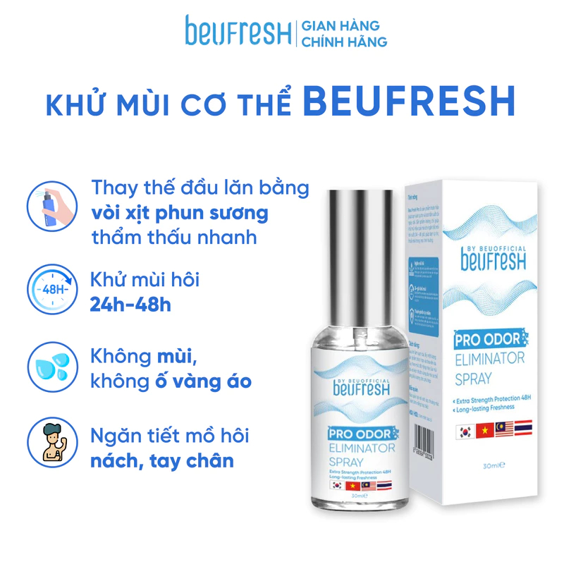 Xịt Khử Mùi Toàn Thân Beufresh Pro Odor Eliminator Spray 30ml – Ngăn Mồ Hôi, Khử Mùi Cơ Thể, Hiệu Qu