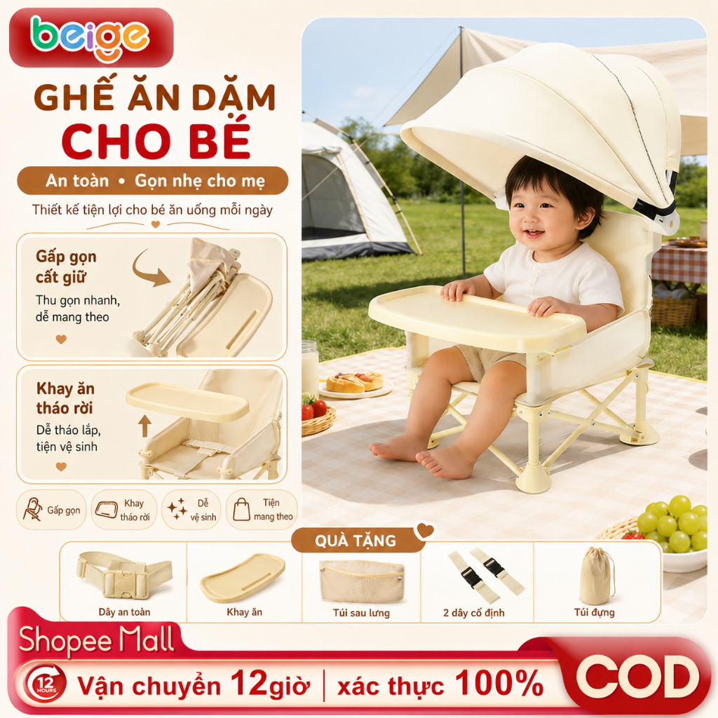 Ghế Ăn Dặm Cho Bé Gấp Gọn Beige, phong cách Hàn Quốc cho bé đi du lịch có thể gấp gọn