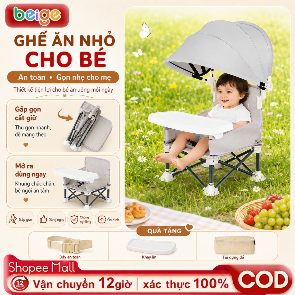 ghế ăn dặm cho bé Beige Gấp Gọn Kèm bàn tháo rời, dễ vệ sinh, tiện mang đi du lịch