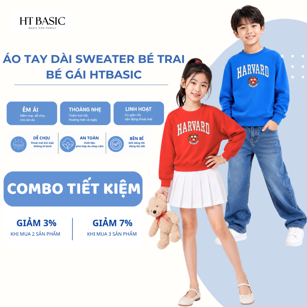 Áo sweater unisex bé gái bé trai H&T chất da cá cotton 4 chiều in chữ logo Harvard cho bé từ 4-12 tu