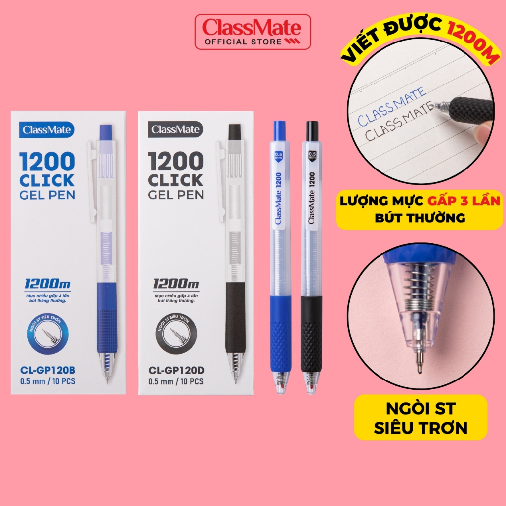 Bút Gel Bấm ClassMate Bút Viết 1200M, Bút Viết Siêu Lâu, Siêu Mượt, Lâu Mỏi Tay, Ngòi 0.5MM, Mực Nha