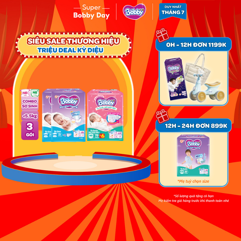 [TẶNG MIẾNG NGẪU NHIÊN] Combo sơ sinh gồm 02 gói Tã dán Bobby NB70 miếng và 01 gói Tã quần mở một bê