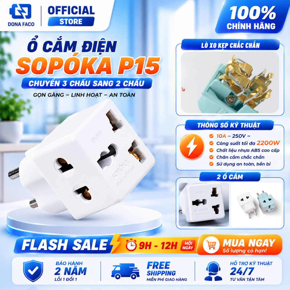 Ổ chia điện chuyển 3 chấu sang 2 chấu P15 SOPOKA chịu nhiệt chống quá tải