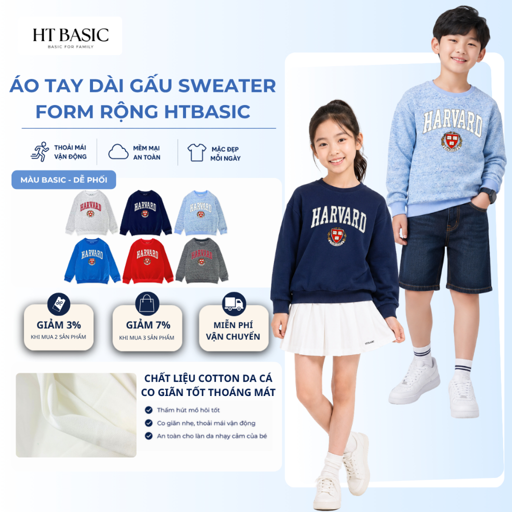Áo sweater unisex bé gái, bé trai HTKIDS chất da cá cotton 4 chiều in chữ logo Harvard cho bé từ 4-1