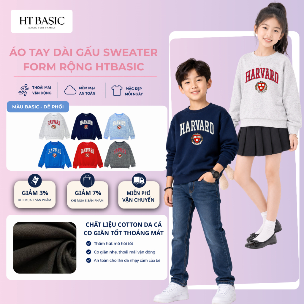 Áo sweater unisex bé gái bé trai H&T chất da cá cotton 4 chiều in chữ logo Harvard cho bé từ 4-12 tu