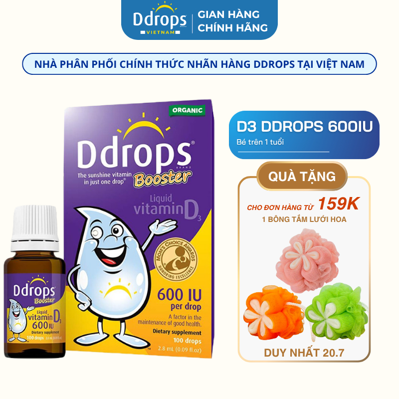 [NHẬP KHẨU] D3 Thuần Organic Ddrops 600IU chính hãng dạng lỏng nhỏ giọt cho bé >1y giúp bé cao lớn k