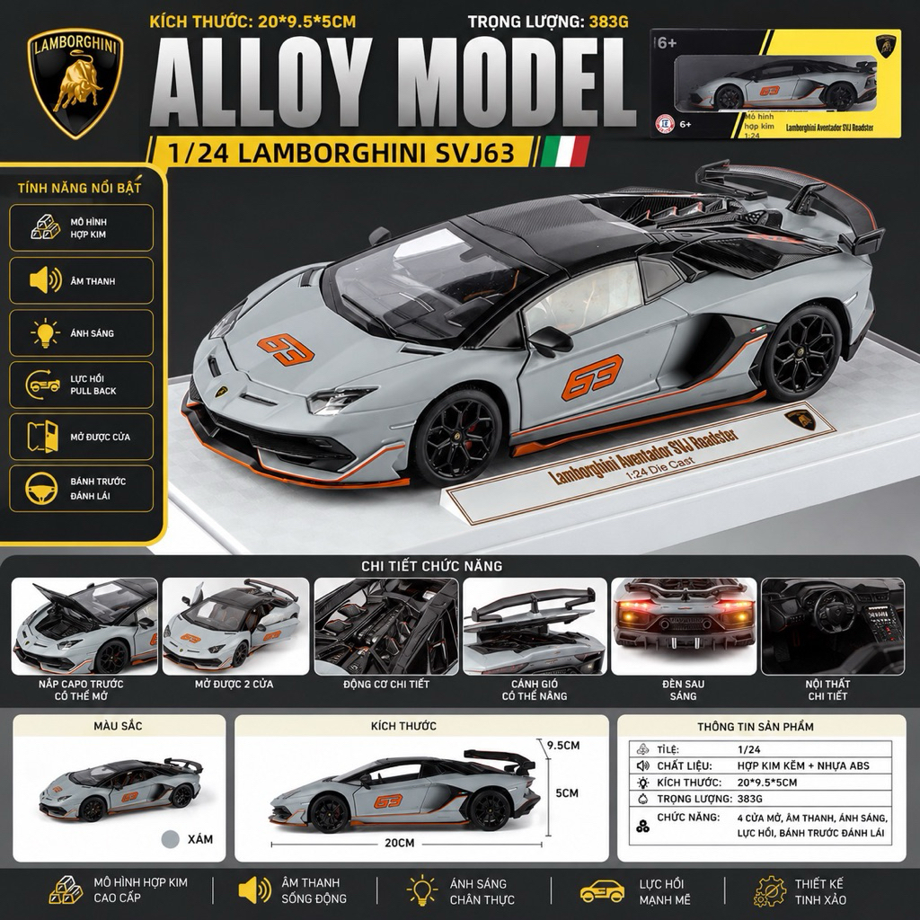 Mô Hình Xe Lamborghini Aventador SVJ63 Roadster Tỷ Lệ 1:24 Hợp Kim Cao Cấp – Có Đèn, Âm Thanh, Mở Cử
